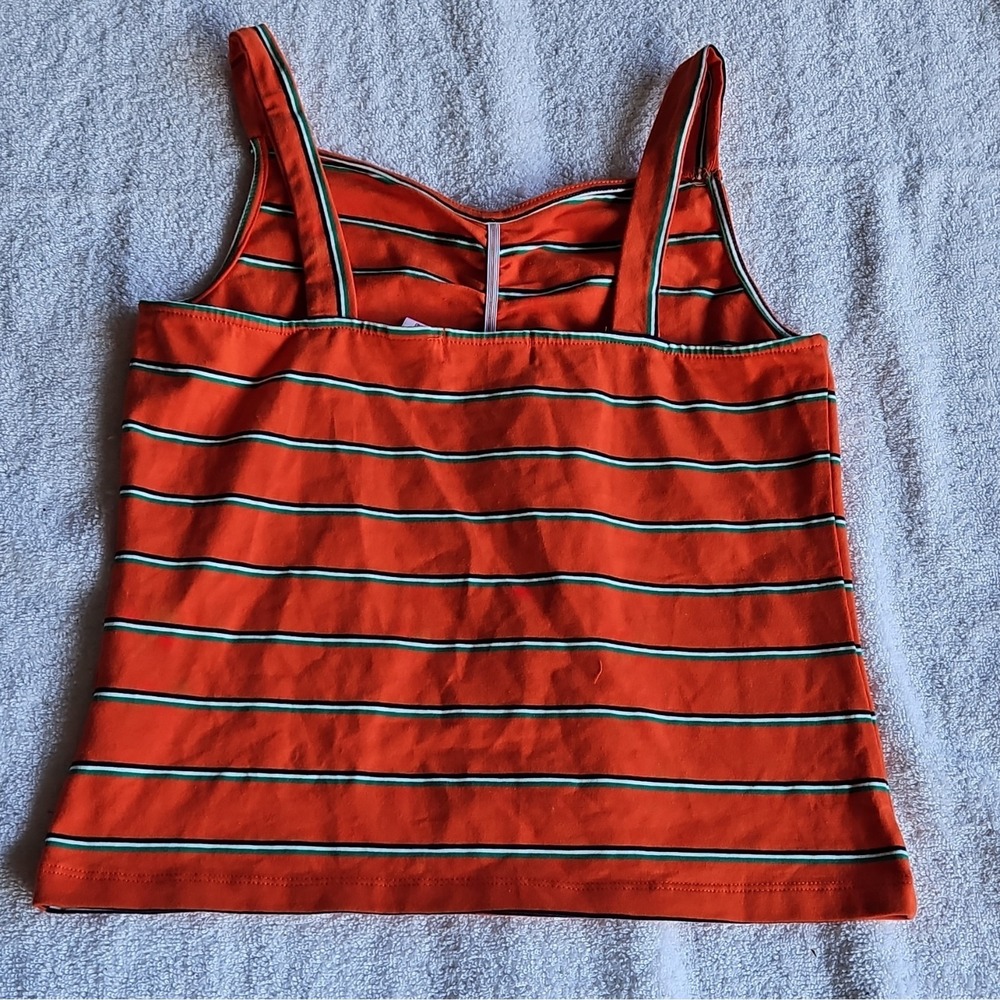White Fawn Orange Striped Ruched Knit Sweetheart Stretch Camisole Top Size M